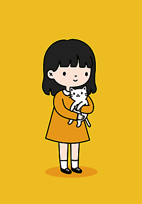 전신 원피스 여자 어린이 일러스트 안기 한명 미소 소녀 노란색 고양이 소녀한명만 국내일러스트 일러캐릭터 AI파일 캐릭터 1 옷 컬러 포유류 모션 표정 사람 반려동물 여자한명만 소녀만 파일형식 벡터