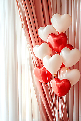 JPG 편집이미지 사랑 사람없음 빨간색 파티 커튼 하트풍선 편집실사 AI포토 AI콘텐츠 감정 컬러 이벤트 하트 CG 풍선 파일형식