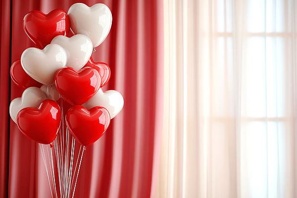 JPG 편집이미지 창문 사랑 사람없음 빨간색 파티 커튼 하트풍선 편집실사 AI포토 AI콘텐츠 감정 컬러 이벤트 하트 CG 풍선 파일형식