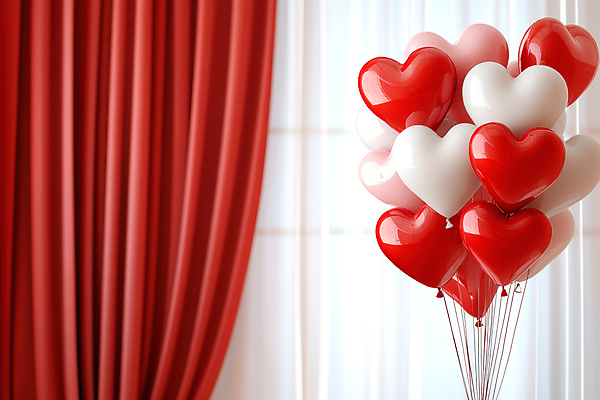 JPG 편집이미지 창문 사랑 사람없음 빨간색 파티 커튼 하트풍선 편집실사 AI포토 AI콘텐츠 감정 컬러 이벤트 하트 CG 풍선 파일형식