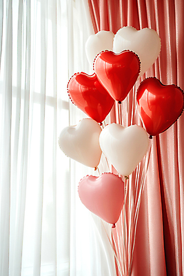 JPG 편집이미지 창문 사랑 사람없음 빨간색 파티 커튼 하트풍선 편집실사 AI포토 AI콘텐츠 감정 컬러 이벤트 하트 CG 풍선 파일형식