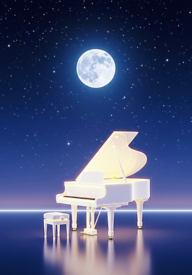 JPG 편집이미지 음악 밤하늘 사람없음 빛 반사 콘서트 보름달 남색 달빛 그랜드피아노 피아노의자 이미지편집 편집실사 AI컴퓨터그래픽 AI콘텐츠 컬러 의자 하늘 문화예술 공연 달 피아노 야간 CG 파일형식