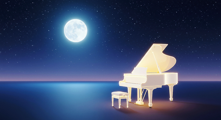 JPG 편집이미지 음악 밤하늘 사람없음 빛 콘서트 보름달 남색 달빛 그랜드피아노 피아노의자 이미지편집 편집실사 AI컴퓨터그래픽 AI콘텐츠 컬러 의자 하늘 문화예술 공연 달 피아노 야간 CG 파일형식