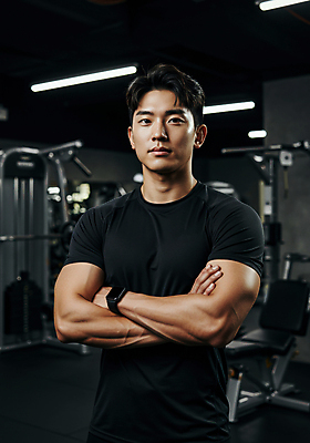 JPG 편집이미지 응시 남자 다이어트 근육 한명 상반신 성인 운동복 팔짱 검은색 헬스장 반팔티셔츠 트레이너 스마트워치 의료성형뷰티 성인남자한명만 편집실사 AI인물포토 AI콘텐츠 1 시선 옷 컬러 티셔츠 모션 건강 사람 스마트기기 헬스 CG 웨어러블 남자한명만 성인남자만 파일형식 AI포토