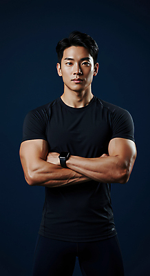 JPG 편집이미지 응시 남자 다이어트 근육 한명 상반신 성인 운동복 팔짱 검은색 헬스장 반팔티셔츠 트레이너 스마트워치 의료성형뷰티 성인남자한명만 편집실사 AI인물포토 AI콘텐츠 1 시선 옷 컬러 티셔츠 모션 건강 사람 스마트기기 헬스 CG 웨어러블 남자한명만 성인남자만 파일형식 AI포토