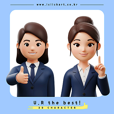 PSD 편집이미지 여자 하늘색 응원 3D캐릭터 미소 정장 상반신 성인 두명 3D 가리킴 비즈니스우먼 따봉 성인여자만 편집3D 캐릭터 옷 비즈니스 표정 사람 손짓 파란색 최고 직장인 디지털합성 여자만 성인만 파일형식