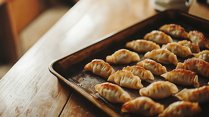 JPG 편집이미지 쟁반 요리 사람없음 군만두 나무탁자 일본음식 맛있는 교자만두 편집실사 AI포토 AI콘텐츠 음식 탁자 CG 만두 파일형식