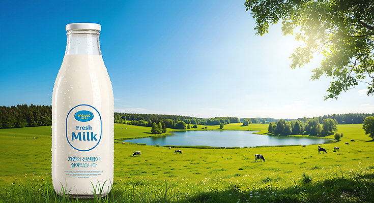 PSD 나무 편집이미지 호수 자연 하늘 잔디 사람없음 햇빛 목장 신선 풀 우유병 젖소 이미지편집 식물 병_용기 태양 우유 소 생태계 파일형식