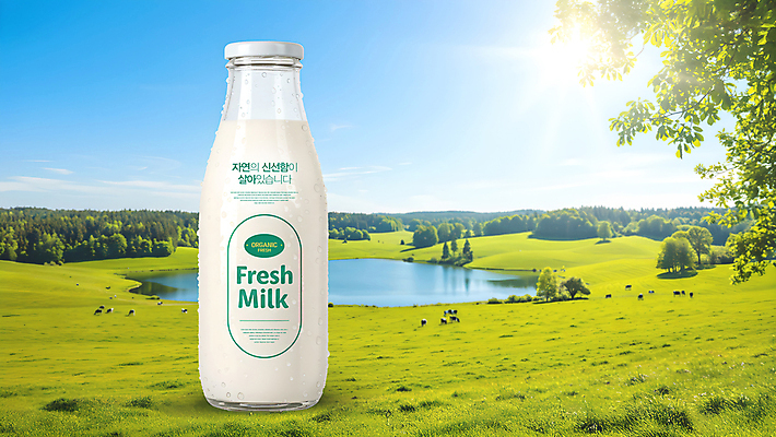 PSD 나무 편집이미지 호수 자연 하늘 잔디 사람없음 햇빛 목장 신선 풀 우유병 젖소 이미지편집 식물 병_용기 태양 우유 소 생태계 파일형식