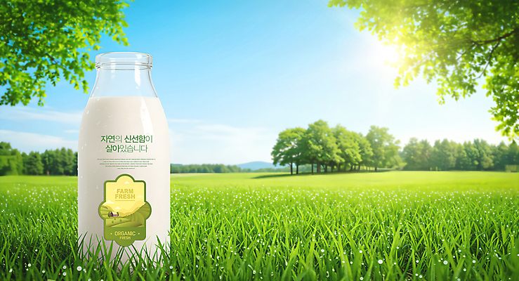 PSD 나무 편집이미지 자연 하늘 잔디 사람없음 햇빛 목장 신선 풀 우유병 이미지편집 식물 병_용기 태양 우유 생태계 파일형식