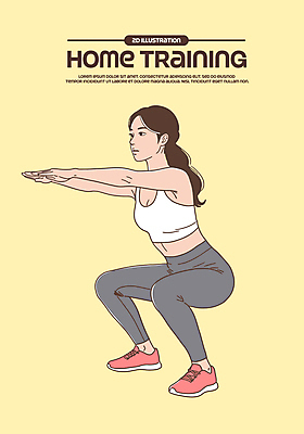 전신 여자 일러스트 한명 성인 운동복 노란색 성인여자한명만 스쿼트 홈트레이닝 국내일러스트 AI파일 1 옷 컬러 사람 운동 여자한명만 성인여자만 파일형식 벡터 운동자세