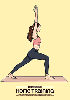 전신 여자 일러스트 한명 성인 운동복 노란색 손들기 스트레칭 매트 성인여자한명만 홈트레이닝 국내일러스트 AI파일 1 옷 컬러 모션 사람 운동 여자한명만 성인여자만 파일형식 벡터