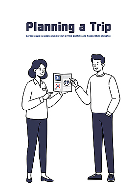 전신 여자 남자 일러스트 대화 미소 들기 성인 두명 가리킴 계획 가이드북 주머니손 여행준비 성인만 국내일러스트 AI파일 여행 컨셉 모션 표정 말하기 사람 손짓 준비 파일형식 벡터