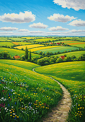 JPG 구름 꽃밭 일러스트 하늘 주택 잔디 초원 사람없음 봄풍경 그림 꽃길 국내일러스트 AI일러스트 AI콘텐츠 자연요소 식물 꽃 길 풍경 건물 봄 파일형식