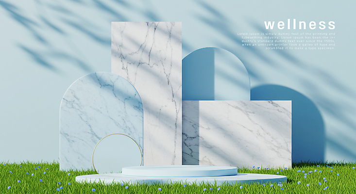 PSD 편집이미지 하늘색 꽃밭 그림자 잔디 사람없음 원형 친환경 소재 대리석 자재 포디움 이미지편집 도형 식물 꽃 재료 파란색 환경 무대 파일형식