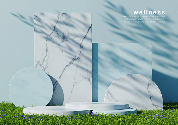 PSD 편집이미지 하늘색 꽃밭 그림자 잔디 사람없음 원형 친환경 소재 대리석 자재 포디움 이미지편집 도형 식물 꽃 재료 파란색 환경 무대 파일형식