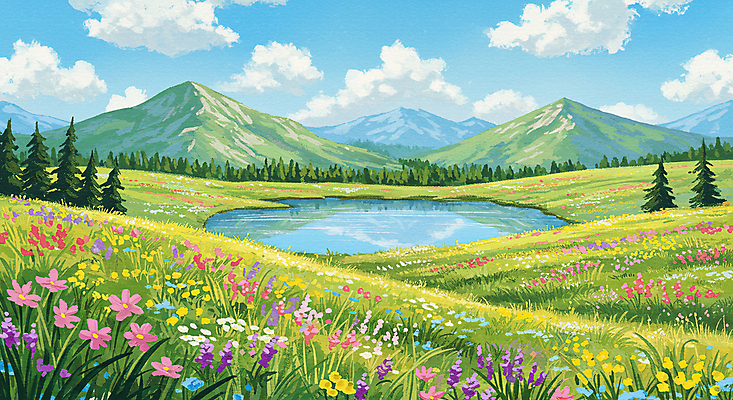 JPG 나무 구름 호수 꽃밭 일러스트 자연 하늘 잔디 초원 사람없음 봄풍경 들꽃 산속 국내일러스트 AI일러스트 AI콘텐츠 자연요소 식물 꽃 산 풍경 봄 생태계 파일형식