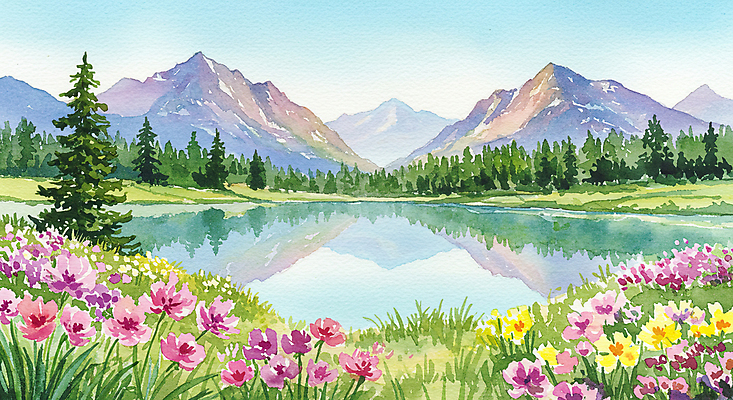 JPG 나무 호수 꽃밭 일러스트 자연 하늘 잔디 초원 사람없음 반사 봄풍경 들꽃 산속 국내일러스트 AI일러스트 AI콘텐츠 식물 꽃 산 풍경 봄 생태계 파일형식
