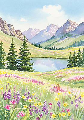 JPG 나무 구름 호수 꽃밭 일러스트 자연 하늘 잔디 초원 사람없음 봄풍경 들꽃 산속 국내일러스트 AI일러스트 AI콘텐츠 자연요소 식물 꽃 산 풍경 봄 생태계 파일형식