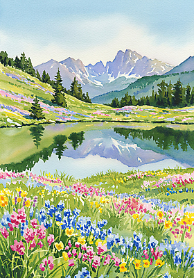 JPG 나무 호수 꽃밭 일러스트 자연 하늘 잔디 초원 사람없음 반사 봄풍경 들꽃 산속 국내일러스트 AI일러스트 AI콘텐츠 식물 꽃 산 풍경 봄 생태계 파일형식