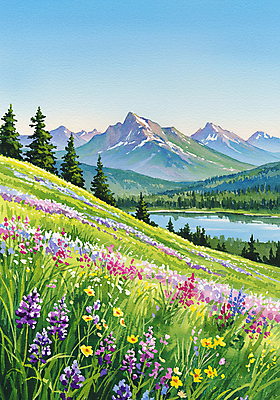 JPG 나무 호수 꽃밭 일러스트 자연 하늘 잔디 초원 사람없음 봄풍경 들꽃 산속 국내일러스트 AI일러스트 AI콘텐츠 식물 꽃 산 풍경 봄 생태계 파일형식