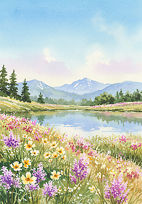 JPG 나무 구름 호수 꽃밭 일러스트 자연 하늘 잔디 초원 사람없음 봄풍경 들꽃 산속 국내일러스트 AI일러스트 AI콘텐츠 자연요소 식물 꽃 산 풍경 봄 생태계 파일형식