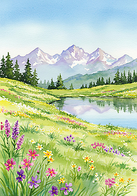 JPG 호수 꽃밭 일러스트 자연 하늘 잔디 초원 사람없음 반사 봄풍경 들꽃 산속 국내일러스트 AI일러스트 AI콘텐츠 식물 꽃 산 풍경 봄 생태계 파일형식