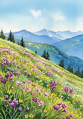 JPG 나무 구름 꽃밭 일러스트 자연 하늘 잔디 초원 사람없음 봄풍경 들꽃 산속 국내일러스트 AI일러스트 AI콘텐츠 자연요소 식물 꽃 산 풍경 봄 생태계 파일형식