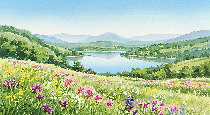 JPG 나무 구름 호수 꽃밭 일러스트 자연 하늘 잔디 초원 사람없음 봄풍경 들꽃 산속 국내일러스트 AI일러스트 AI콘텐츠 자연요소 식물 꽃 산 풍경 봄 생태계 파일형식