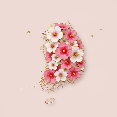 JPG 편집이미지 디자인 분홍색 지도 한국 사람없음 평화 무궁화 한반도 편집실사 AI포토 AI콘텐츠 꽃 아시아 컬러 컨셉 CG 파일형식