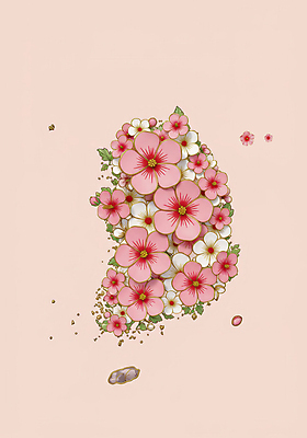 JPG 편집이미지 디자인 분홍색 지도 한국 사람없음 평화 무궁화 한반도 편집실사 AI포토 AI콘텐츠 꽃 아시아 컬러 컨셉 CG 파일형식