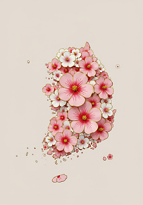 JPG 편집이미지 디자인 분홍색 지도 한국 사람없음 평화 무궁화 한반도 편집실사 AI포토 AI콘텐츠 꽃 아시아 컬러 컨셉 CG 파일형식