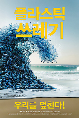 PSD 편집이미지 포스터 물결 파도 하늘 경고 해변 사람없음 파란색 일회용 플라스틱 물병 심각 해양오염 해양쓰레기 이미지편집 바다 컬러 컨셉 재질 환경오염 쓰레기 물통 파일형식