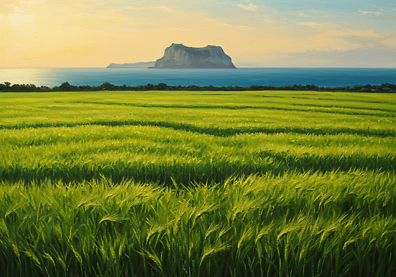 JPG 바다 섬 일러스트 자연 하늘 사람없음 초록색 노을 봄풍경 청보리밭 국내일러스트 AI일러스트 AI콘텐츠 자연요소 컬러 밭 풍경 봄 생태계 파일형식
