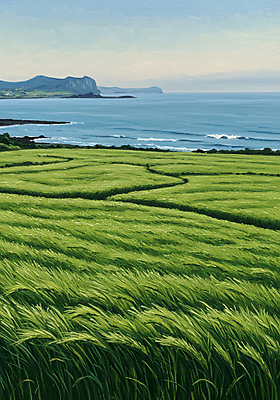 JPG 바다 섬 일러스트 자연 하늘 사람없음 초록색 파란색 봄풍경 청보리밭 국내일러스트 AI일러스트 AI콘텐츠 컬러 밭 풍경 봄 생태계 파일형식
