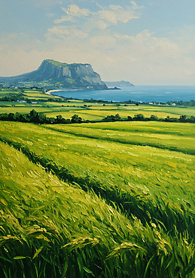 JPG 구름 바다 섬 하늘색 일러스트 자연 하늘 사람없음 초록색 봄풍경 청보리밭 국내일러스트 AI일러스트 AI콘텐츠 자연요소 컬러 밭 풍경 파란색 봄 생태계 파일형식