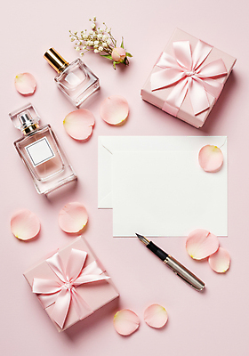 JPG 편집이미지 꽃잎 리본 종이 분홍색 사람없음 선물상자 만년필 향수 성년의날 카피스페이스 편집실사 AI포토 AI콘텐츠 기념일 꽃 컬러 선물 상자 펜 화장품 공백 CG 파일형식