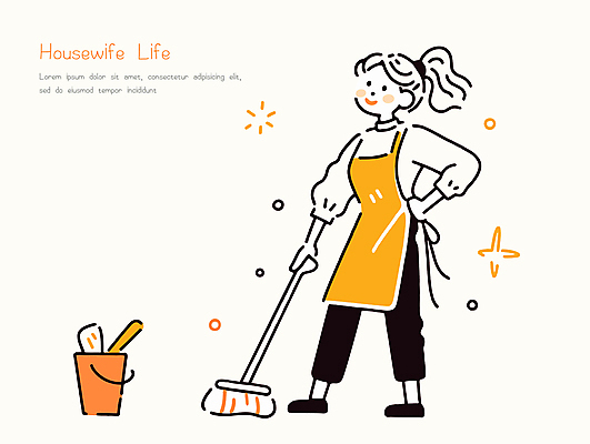 전신 여자 허리손 가사 일러스트 한명 미소 성인 노란색 앞치마 자신감 밀기 청소 양동이 주부 주부라이프 대걸레 성인여자한명만 일러캐릭터 AI파일 캐릭터 1 라이프스타일 감정 컬러 포즈 모션 표정 사람 청소도구 여자한명만 성인여자만 파일형식 벡터