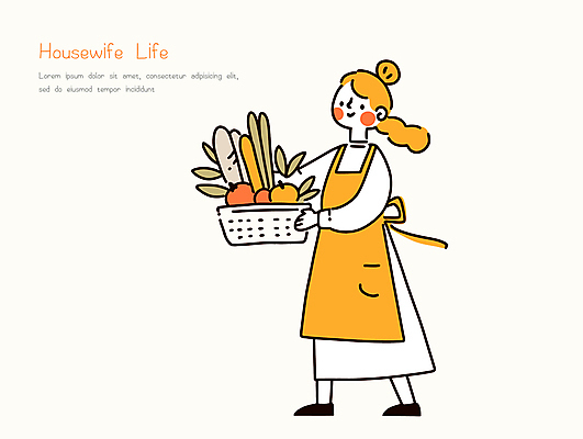 전신 여자 잎 가사 채소 과일 일러스트 한명 미소 들기 성인 노란색 바구니 앞치마 자신감 주부 주부라이프 성인여자한명만 일러캐릭터 AI파일 식물 캐릭터 1 라이프스타일 감정 컬러 모션 표정 사람 여자한명만 성인여자만 파일형식 벡터