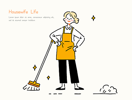 전신 여자 허리손 가사 일러스트 한명 미소 성인 반짝임 노란색 앞치마 자신감 청소 주부 먼지 주부라이프 대걸레 성인여자한명만 일러캐릭터 AI파일 캐릭터 1 라이프스타일 감정 컬러 포즈 모션 표정 사람 청소도구 여자한명만 성인여자만 파일형식 벡터