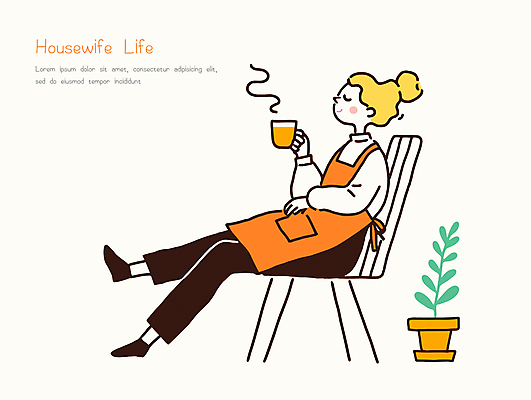 전신 여자 화분 가사 의자 일러스트 휴식 한명 미소 들기 앉기 성인 노란색 눈감음 앞치마 머그컵 자신감 풀 주부 주부라이프 성인여자한명만 일러캐릭터 AI파일 식물 캐릭터 1 라이프스타일 감정 컬러 가구 컨셉 모션 표정 사람 컵 여자한명만 성인여자만 파일형식 벡터