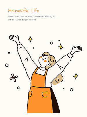 여자 가사 일러스트 한명 미소 상반신 성인 반짝임 노란색 앞치마 만세 올려보기 자신감 주부 주부라이프 성인여자한명만 일러캐릭터 AI파일 캐릭터 1 라이프스타일 감정 컬러 모션 표정 사람 여자한명만 성인여자만 파일형식 벡터