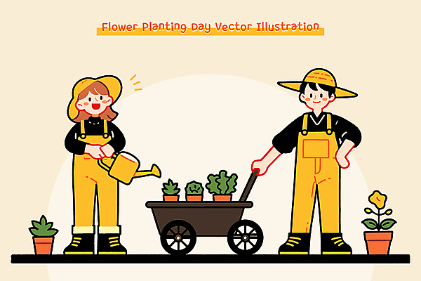 전신 부부 여자 남자 꽃 화분 허리손 일러스트 미소 들기 성인 두명 노란색 정원 수레 물뿌리개 풀 식목일 멜빵 밀짚모자 정원사 성인만 일러캐릭터 AI파일 식물 직업 캐릭터 모자_잡화 커플 잡화 기념일 컬러 포즈 모션 표정 사람 카트 파일형식 벡터