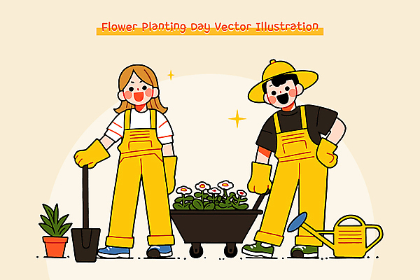 전신 부부 여자 남자 꽃 화분 허리손 장갑 일러스트 미소 성인 두명 반짝임 노란색 정원 수레 물뿌리개 풀 삽 식목일 멜빵 밀짚모자 정원사 성인만 일러캐릭터 AI파일 식물 직업 캐릭터 모자_잡화 커플 잡화 기념일 컬러 포즈 모션 표정 사람 카트 파일형식 벡터