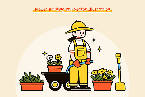 전신 여자 꽃 화분 일러스트 한명 미소 성인 반짝임 노란색 정원 수레 풀 삽 식목일 멜빵 밀짚모자 정원사 성인여자한명만 일러캐릭터 AI파일 식물 직업 캐릭터 모자_잡화 1 잡화 기념일 컬러 모션 표정 사람 카트 여자한명만 성인여자만 파일형식 벡터
