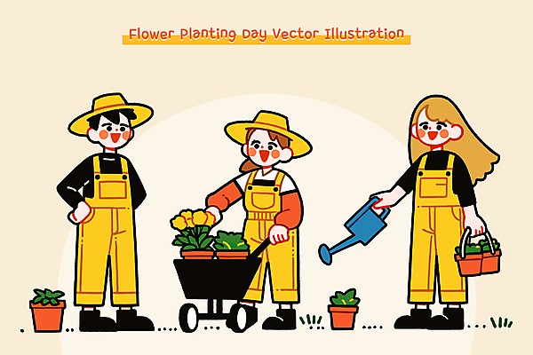 전신 여자 남자 꽃 화분 허리손 일러스트 미소 들기 성인 세명 노란색 정원 수레 물뿌리개 풀 식목일 멜빵 밀짚모자 정원사 성인만 일러캐릭터 AI파일 식물 직업 캐릭터 모자_잡화 잡화 기념일 컬러 포즈 모션 표정 사람 카트 파일형식 벡터