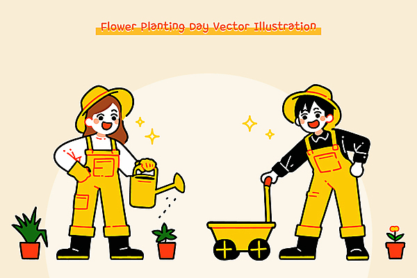 전신 부부 여자 남자 화분 허리손 일러스트 미소 들기 성인 두명 반짝임 노란색 정원 수레 물뿌리개 풀 식목일 멜빵 밀짚모자 정원사 성인만 일러캐릭터 AI파일 식물 직업 캐릭터 모자_잡화 커플 잡화 기념일 컬러 포즈 모션 표정 사람 카트 파일형식 벡터