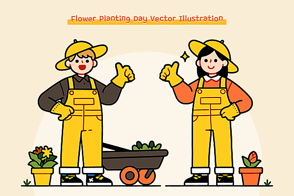 전신 부부 여자 남자 꽃 화분 허리손 장갑 일러스트 미소 성인 두명 반짝임 노란색 정원 수레 풀 식목일 멜빵 밀짚모자 따봉 정원사 성인만 일러캐릭터 AI파일 식물 직업 캐릭터 모자_잡화 커플 잡화 기념일 컬러 포즈 모션 표정 사람 카트 최고 파일형식 벡터