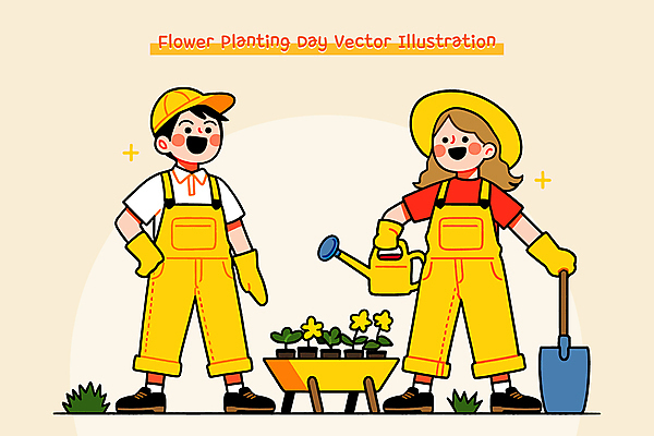 전신 부부 여자 남자 꽃 화분 장갑 일러스트 미소 들기 성인 두명 반짝임 노란색 정원 물뿌리개 풀 삽 식목일 멜빵 밀짚모자 정원사 캡모자 성인만 일러캐릭터 AI파일 식물 직업 캐릭터 모자_잡화 커플 잡화 기념일 컬러 모션 표정 사람 파일형식 벡터