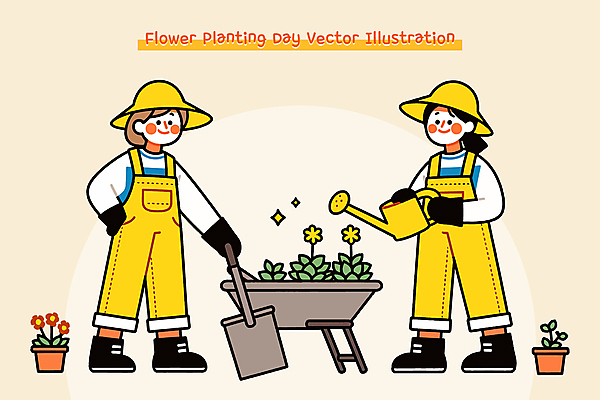 전신 부부 여자 남자 꽃 화분 일러스트 미소 들기 성인 두명 반짝임 노란색 정원 물뿌리개 풀 삽 식목일 멜빵 밀짚모자 정원사 성인만 일러캐릭터 AI파일 식물 직업 캐릭터 모자_잡화 커플 잡화 기념일 컬러 모션 표정 사람 파일형식 벡터